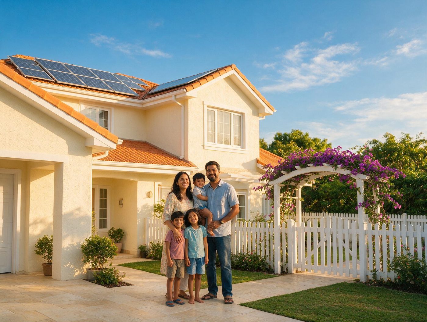Family standing in front of their home with rooftop solar panels