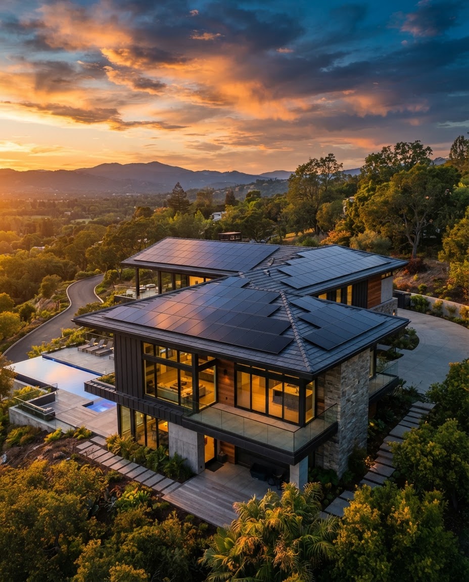 Modern home at golden hour with sleek rooftop solar panels