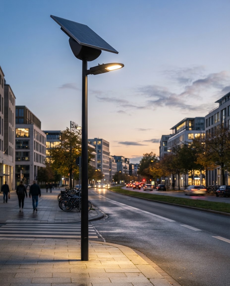 Solar-powered LED street light at dusk